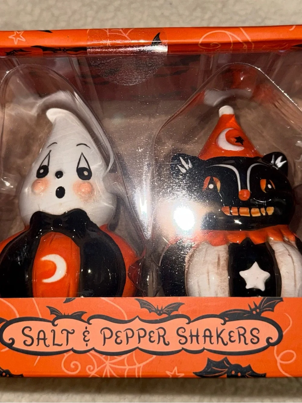 Johanna Parker Ghost & Cat Salt and Pepper Shaker Set Vintage Style